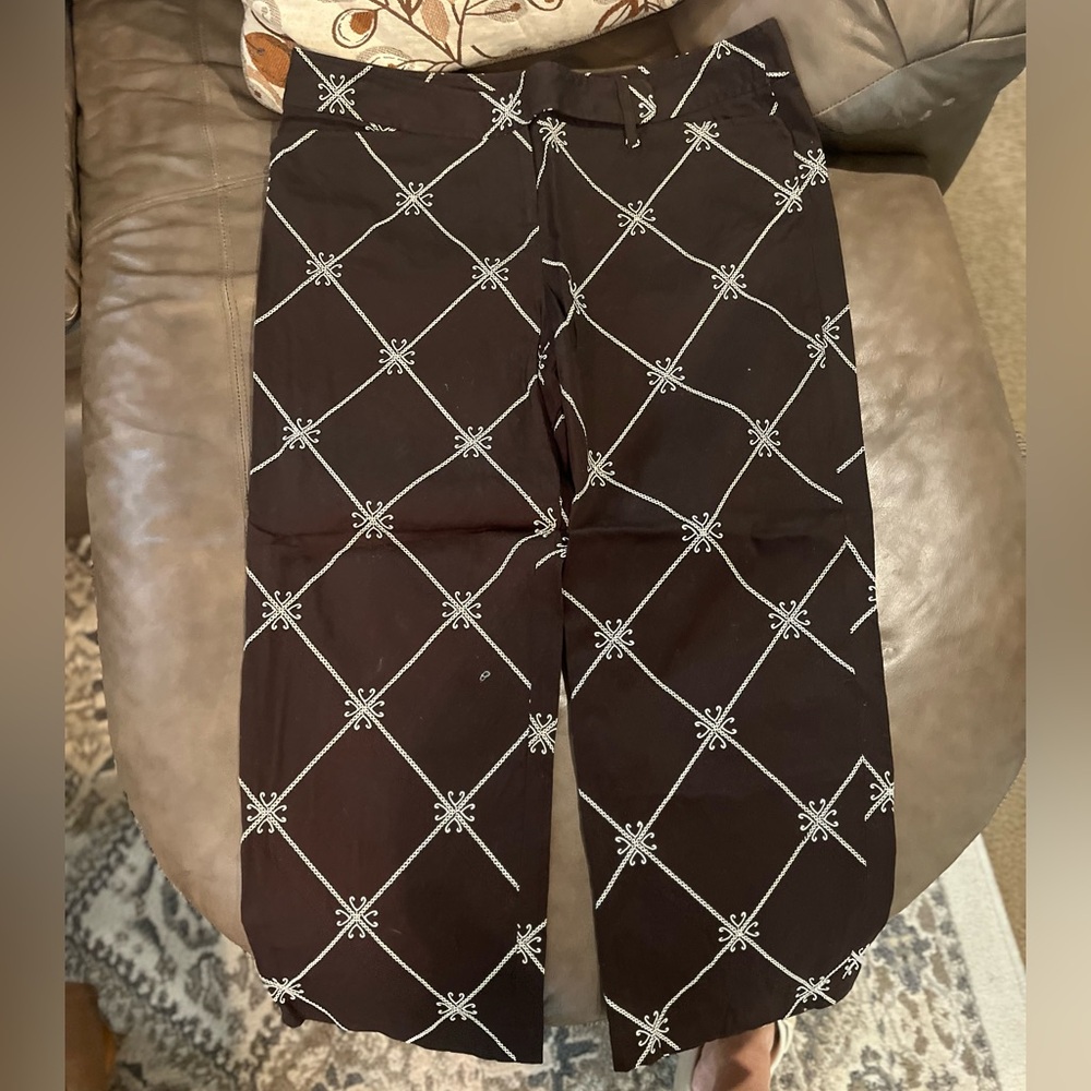 Loft, Brown crop pant with white design.  Size 10